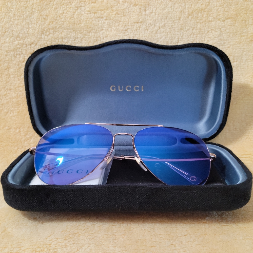 Gucci Aviator Rose Gold Wire Frames with Blue Mirrored Lenses